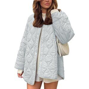Women's Clothes Jacket Puffer Light Grey Zip Pocket Button Down Padded Outerwear